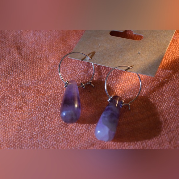 Handmade Amethyst Raindrop Hoop Earrings - All NATURAL Gemstones - Nickel Free - Picture 4 of 4